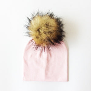Solid Pink Faux Fur Pom Beanie